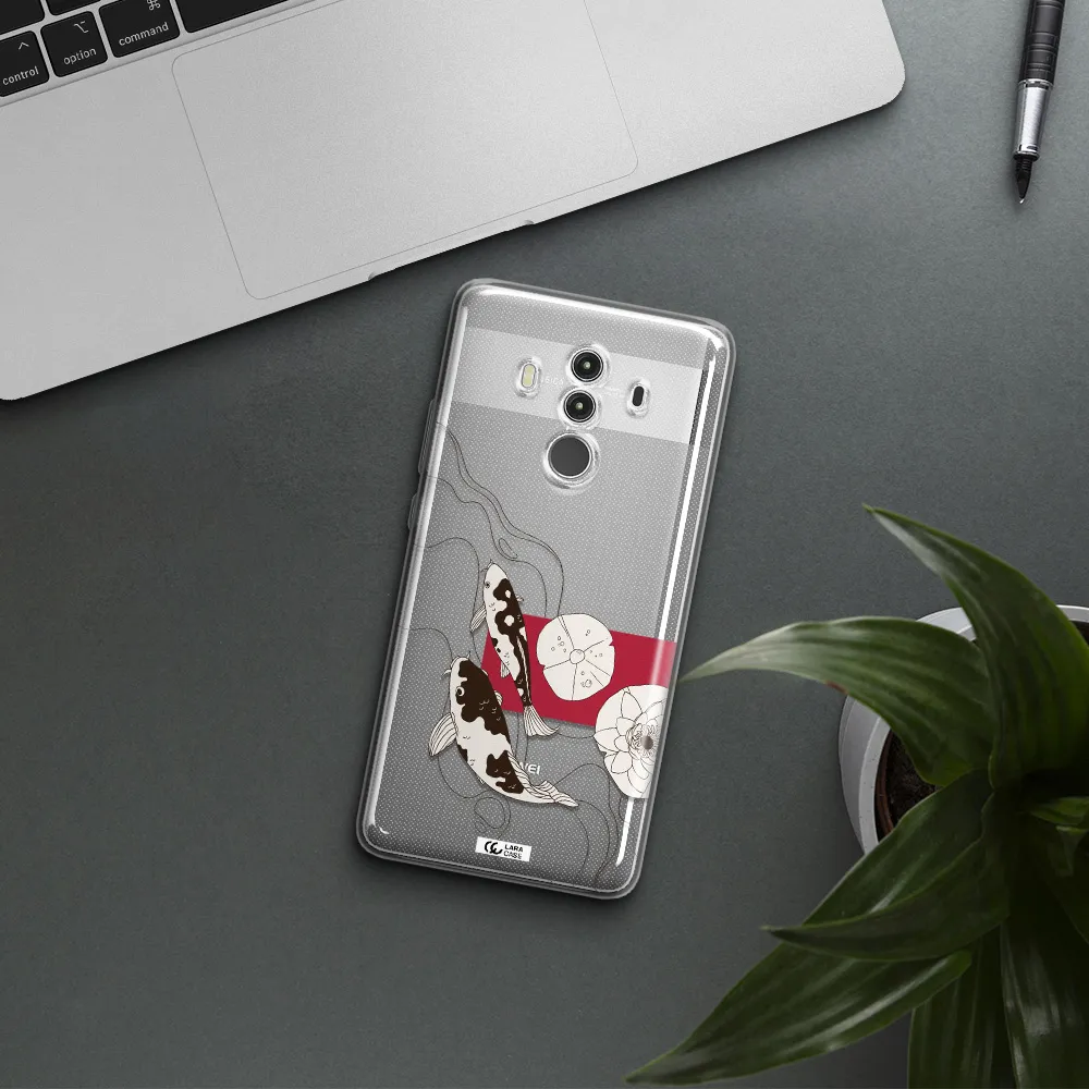 a black and white illustration of fish and flowers Huawei Mate 10 Clear TPU Case