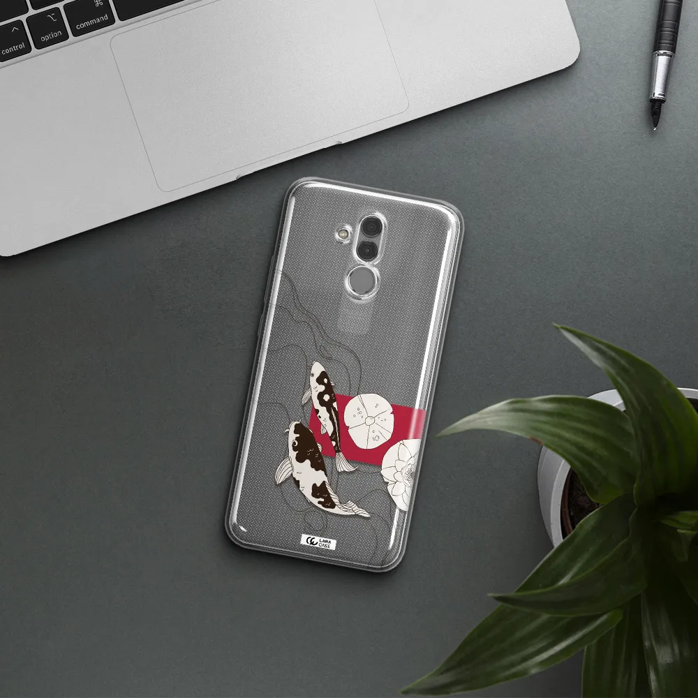a black and white illustration of fish and flowers Huawei Mate 20 Lite Clear TPU Case