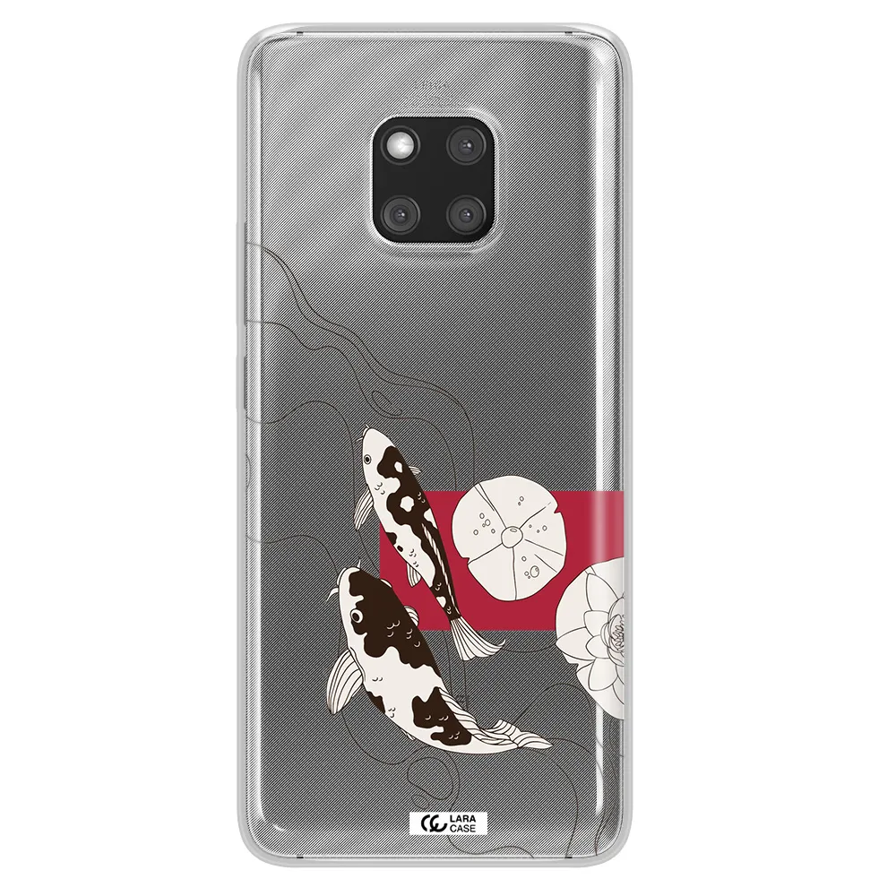a black and white illustration of fish and flowers Huawei Mate 20 Pro Clear TPU Case