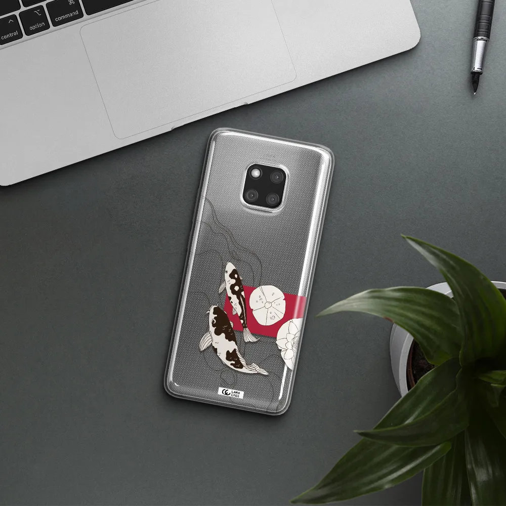a black and white illustration of fish and flowers Huawei Mate 20 Pro Clear TPU Case