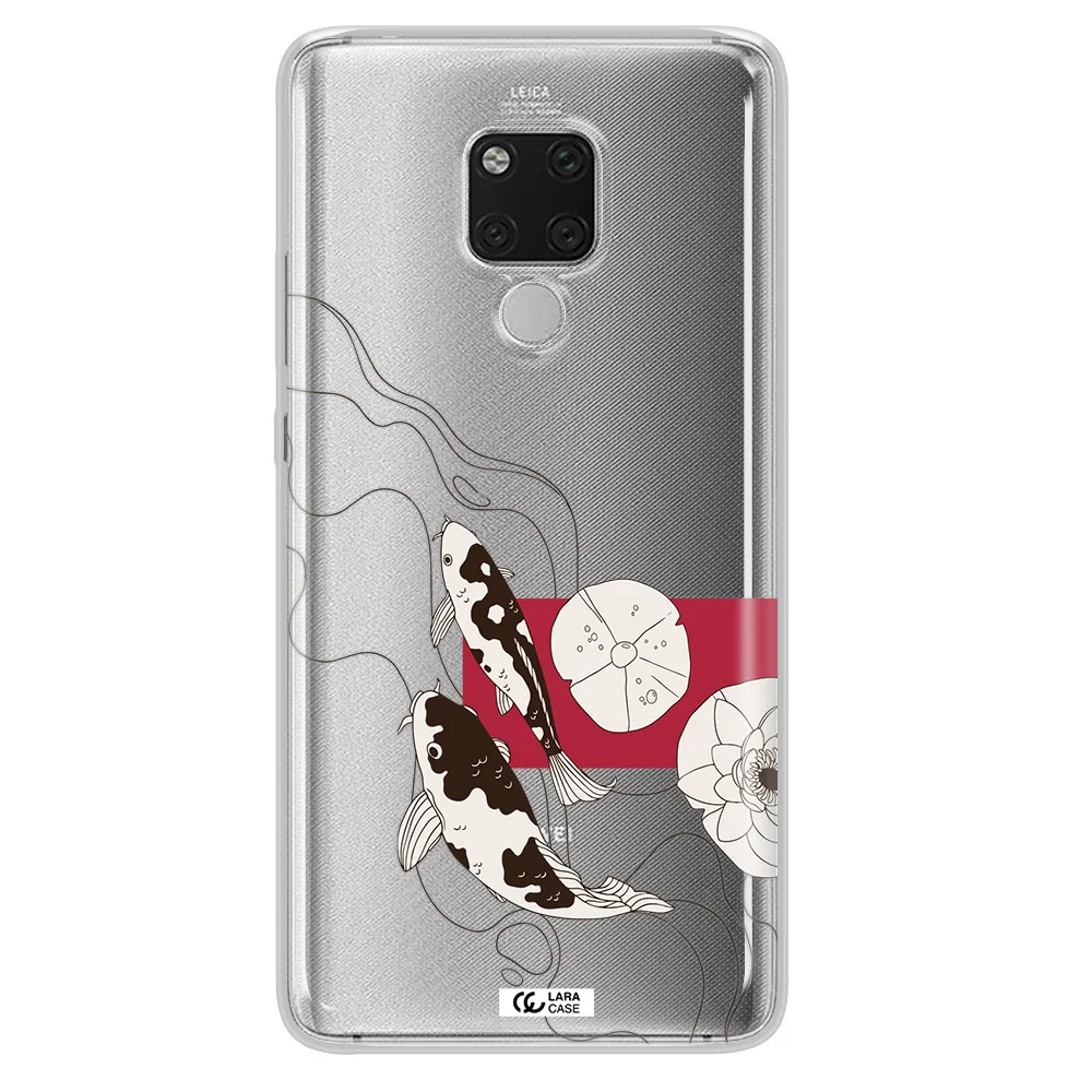 a black and white illustration of fish and flowers Huawei Mate 20X Clear TPU Case