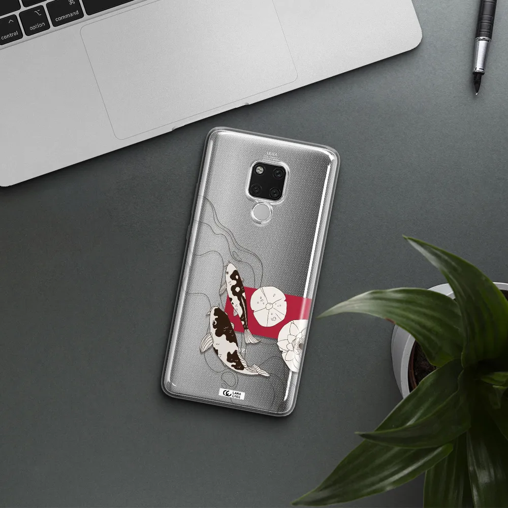 a black and white illustration of fish and flowers Huawei Mate 20X Clear TPU Case