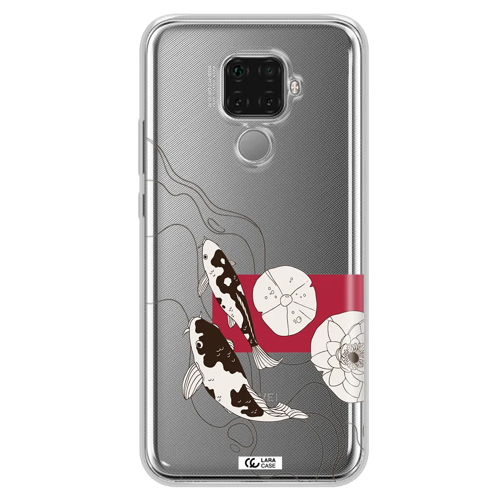 a black and white illustration of fish and flowers Huawei Mate 30 Lite Clear TPU Case