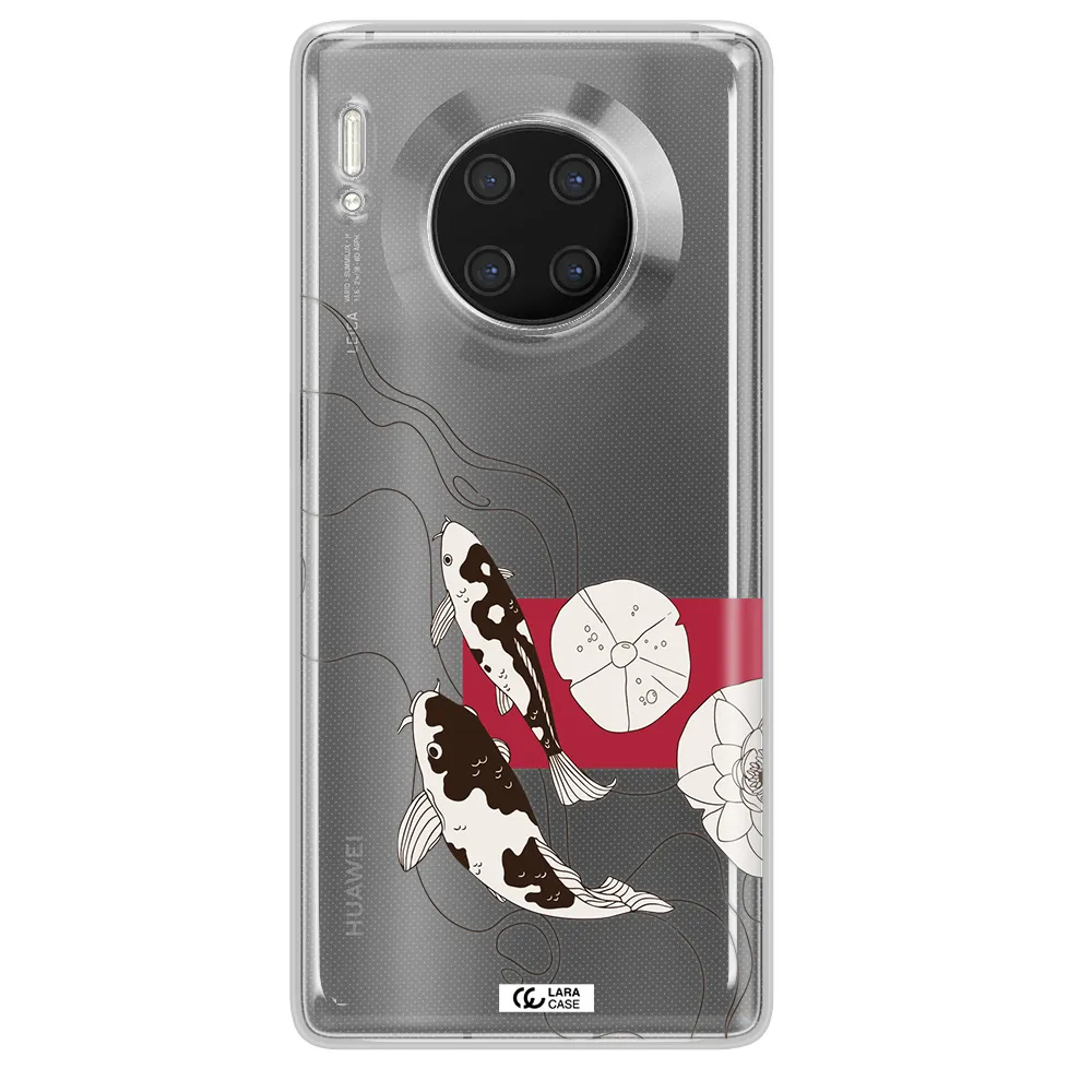 a black and white illustration of fish and flowers Huawei Mate 30 Pro Clear TPU Case