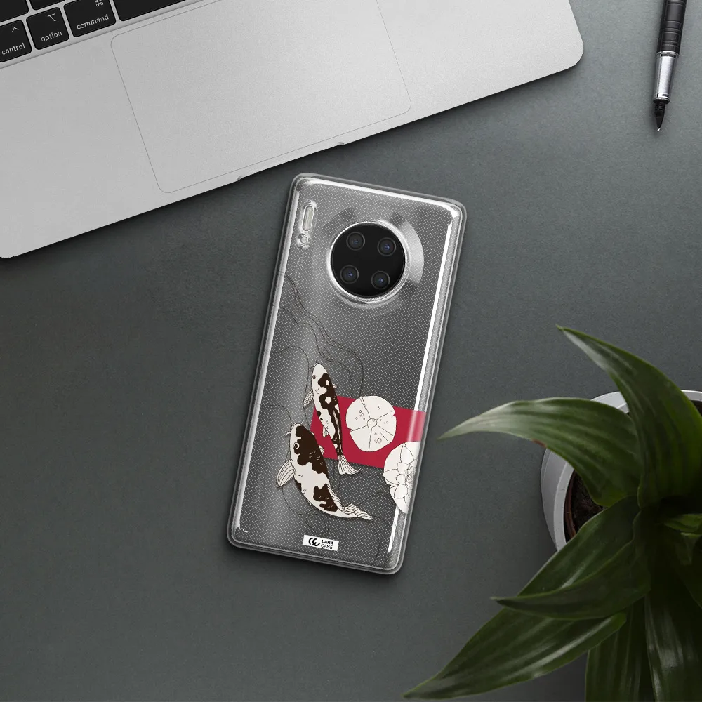 a black and white illustration of fish and flowers Huawei Mate 30 Pro Clear TPU Case