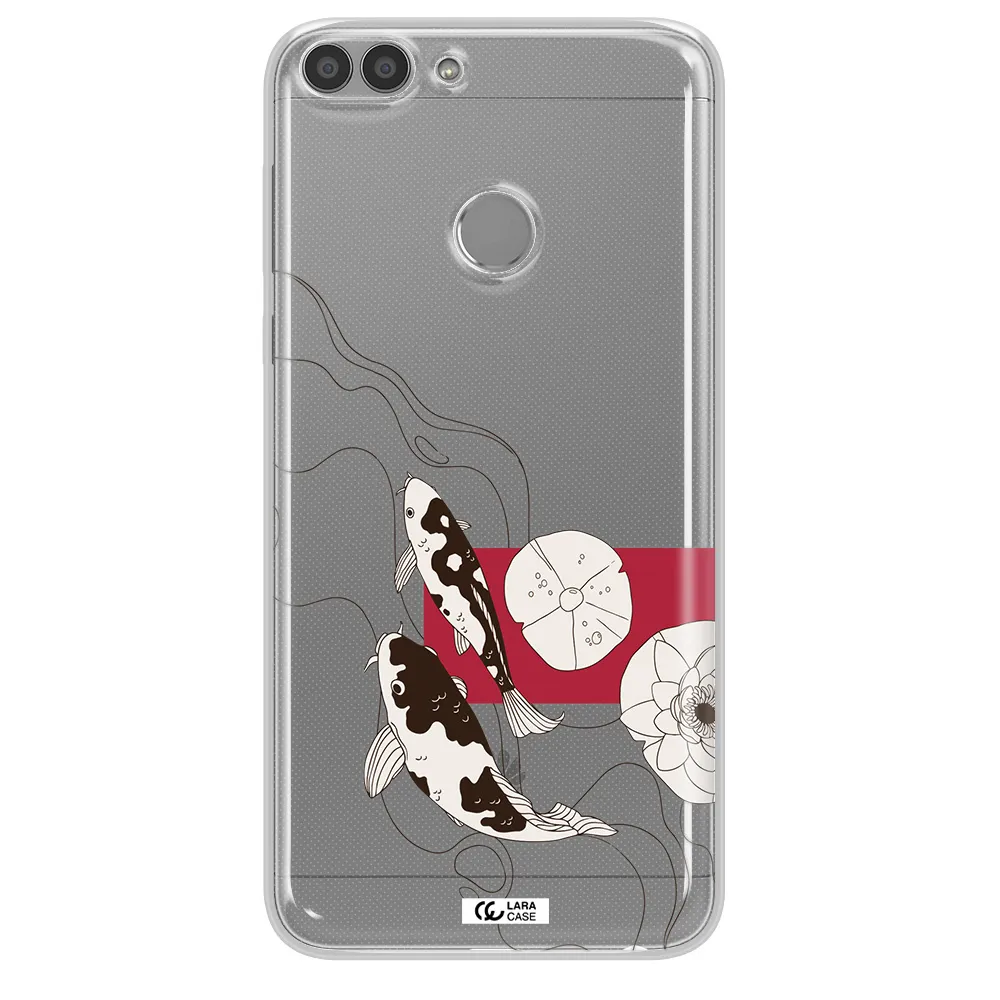 a black and white illustration of fish and flowers Huawei P Smart 2017 Clear TPU Case