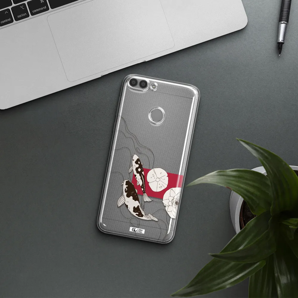 a black and white illustration of fish and flowers Huawei P Smart 2017 Clear TPU Case