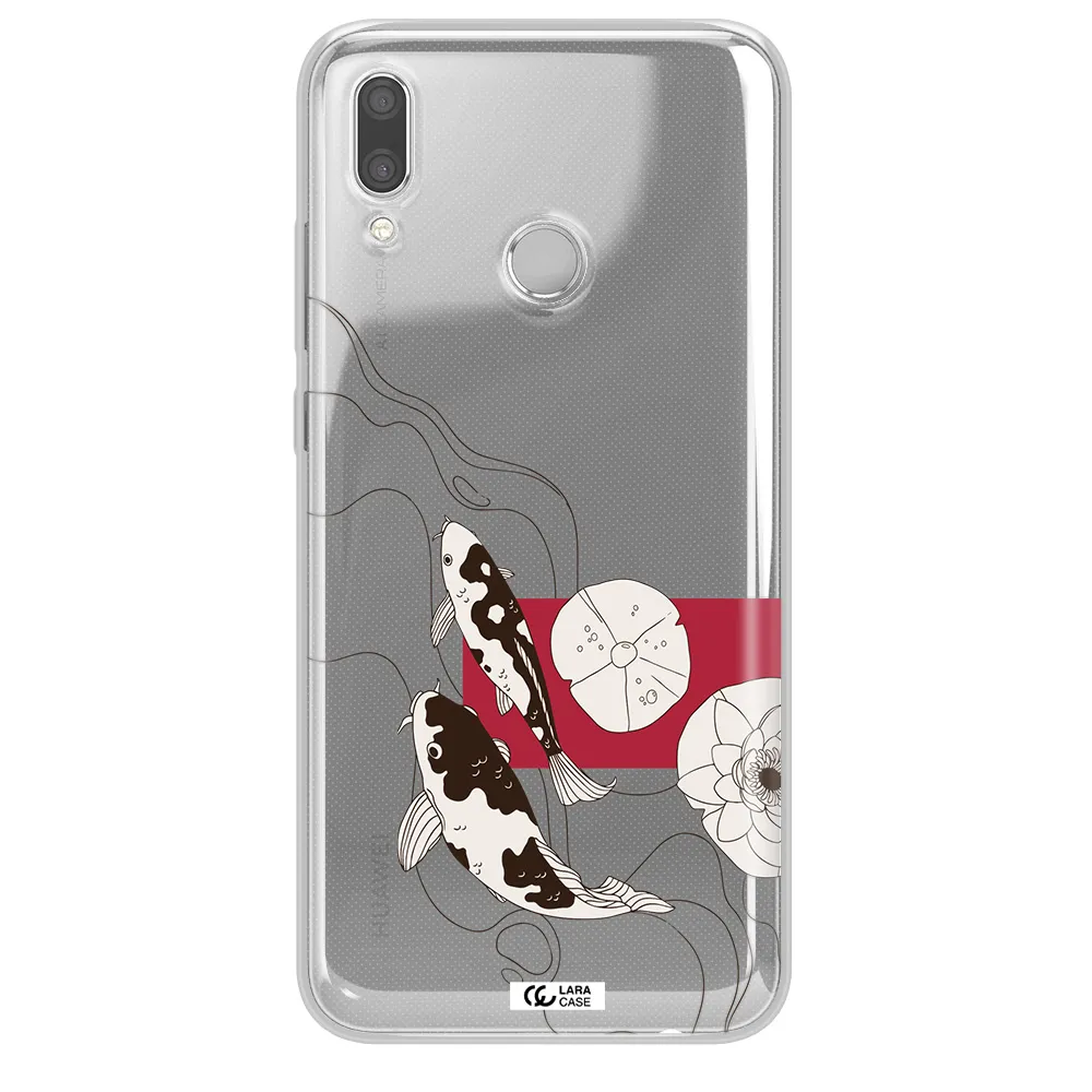 a black and white illustration of fish and flowers Huawei P Smart 2019 Clear TPU Case