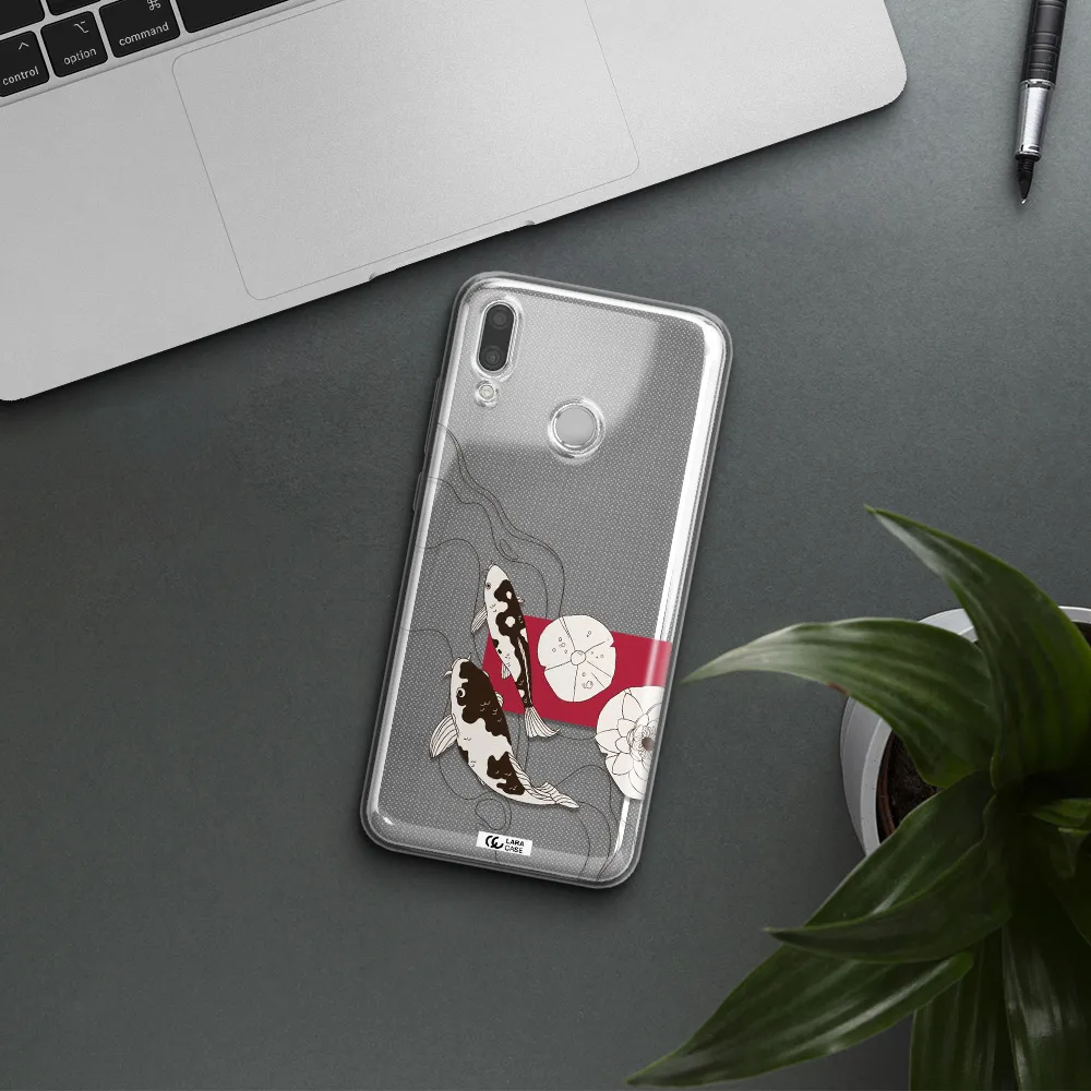a black and white illustration of fish and flowers Huawei P Smart 2019 Clear TPU Case