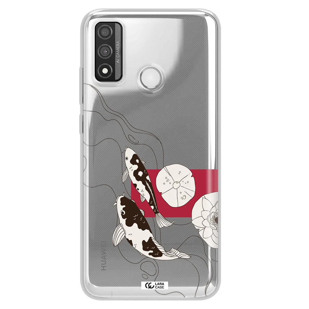 a black and white illustration of fish and flowers Huawei P Smart 2020 Clear TPU Case