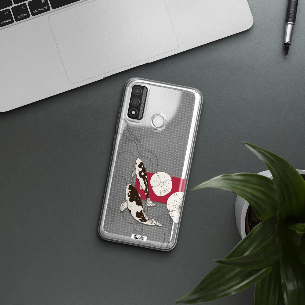 a black and white illustration of fish and flowers Huawei P Smart 2020 Clear TPU Case