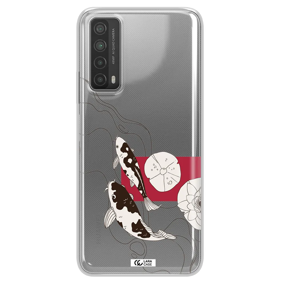 a black and white illustration of fish and flowers Huawei P Smart 2021 Clear TPU Case