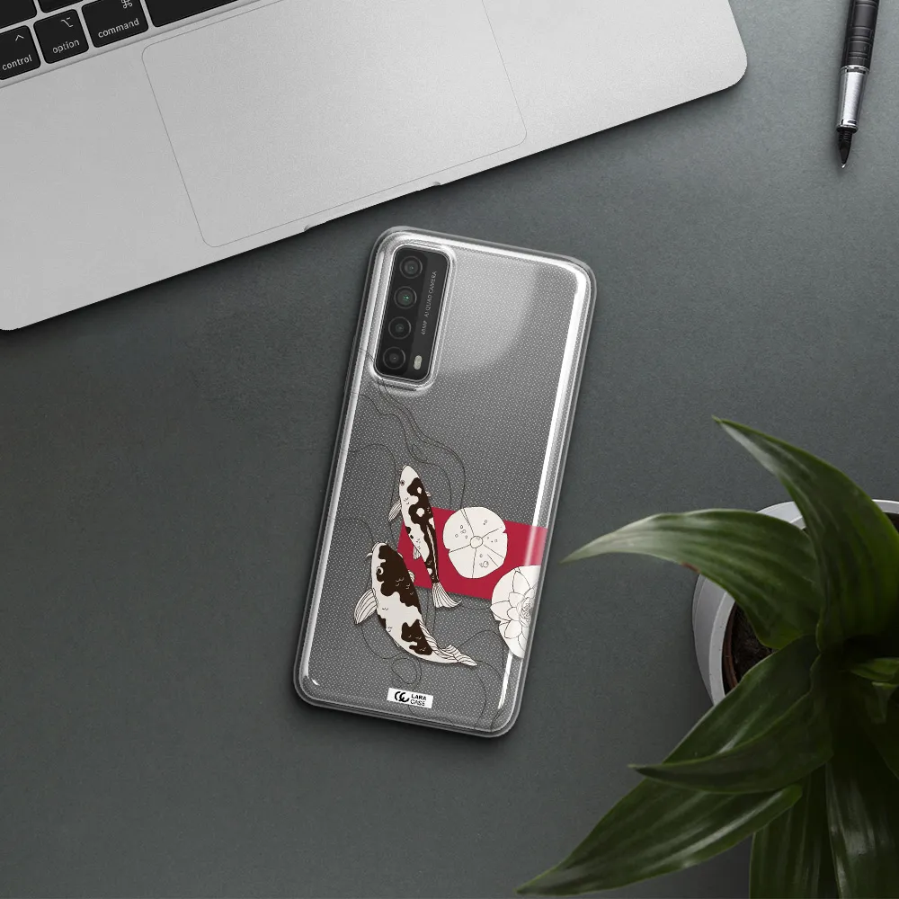 a black and white illustration of fish and flowers Huawei P Smart 2021 Clear TPU Case