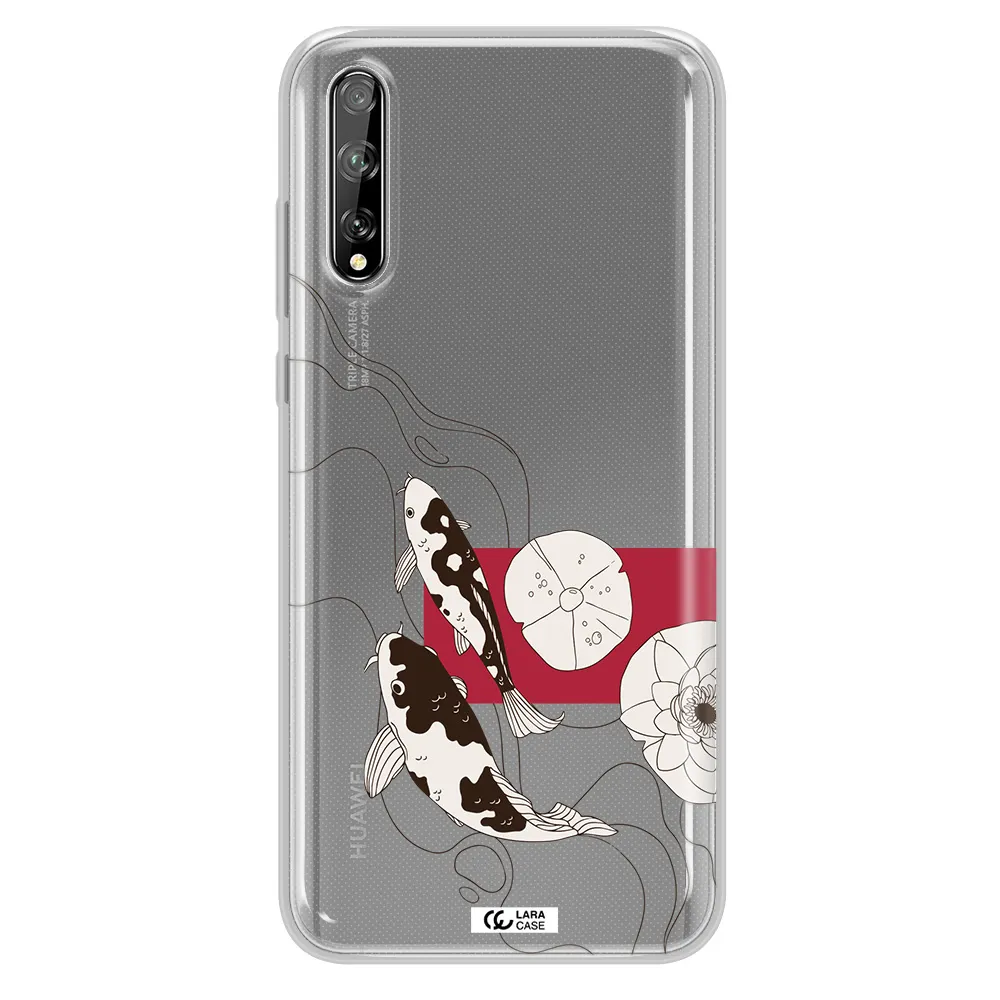 a black and white illustration of fish and flowers Huawei P Smart S Clear TPU Case