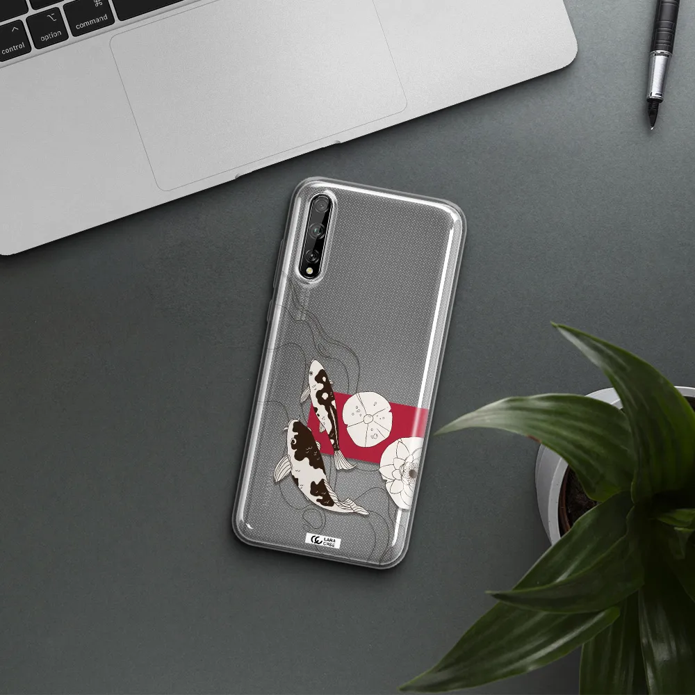 a black and white illustration of fish and flowers Huawei P Smart S Clear TPU Case