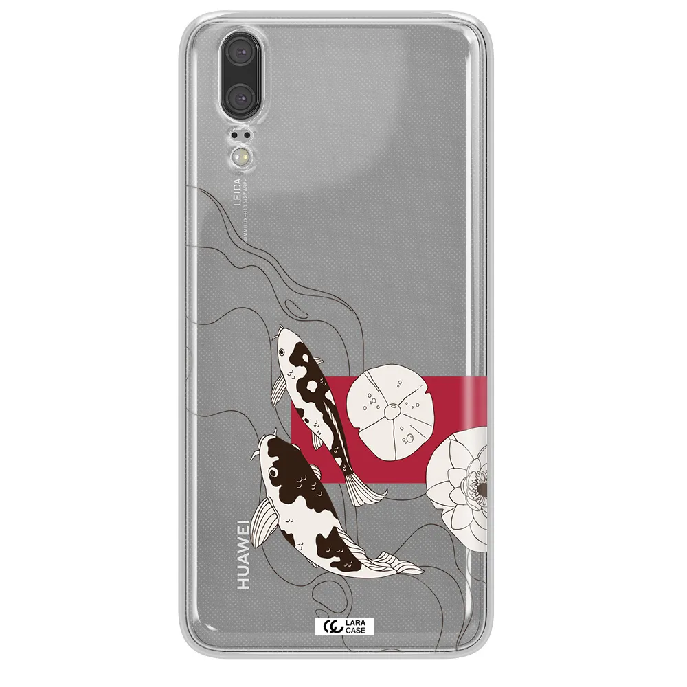 a black and white illustration of fish and flowers Huawei P20 Clear TPU Case