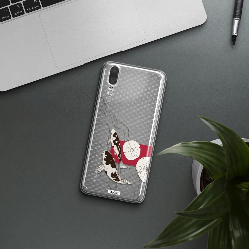 a black and white illustration of fish and flowers Huawei P20 Clear TPU Case