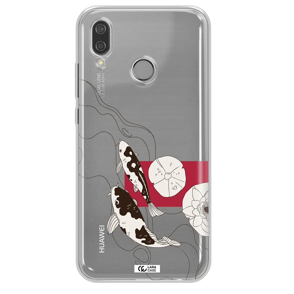 a black and white illustration of fish and flowers Huawei P20 Lite Clear TPU Case