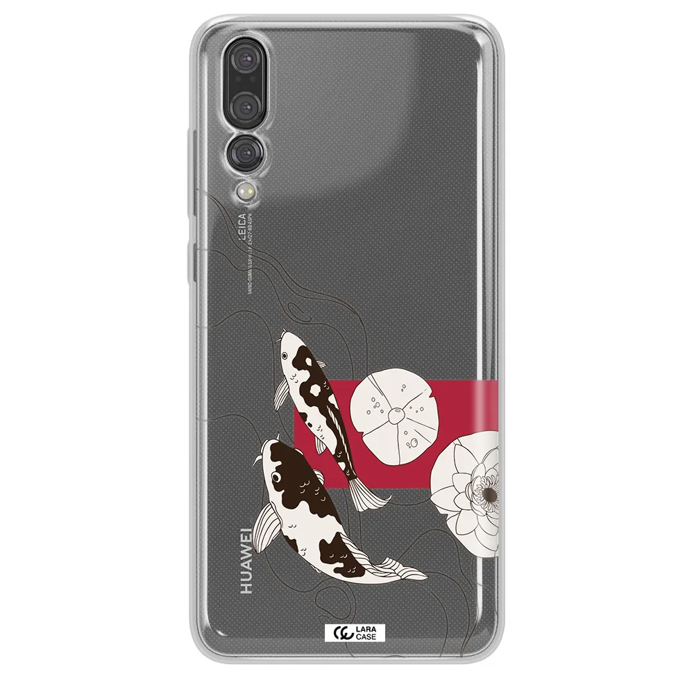 a black and white illustration of fish and flowers Huawei P20 Pro Clear TPU Case