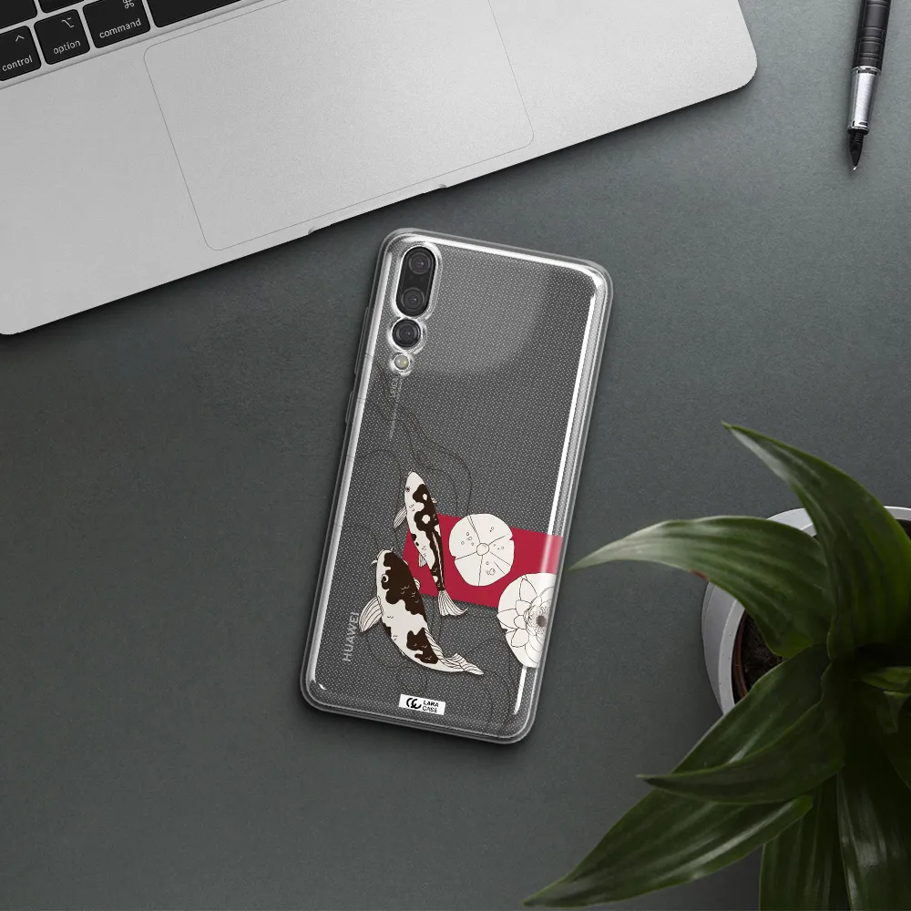a black and white illustration of fish and flowers Huawei P20 Pro Clear TPU Case