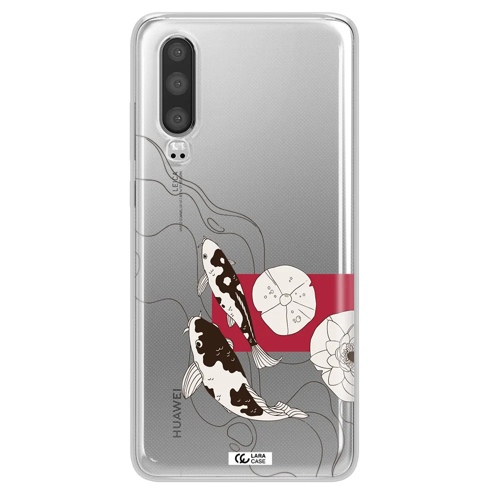 a black and white illustration of fish and flowers Huawei P30 Clear TPU Case