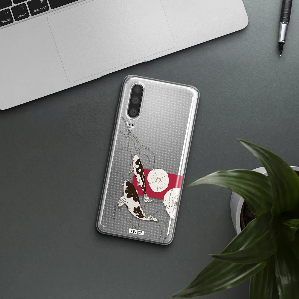 a black and white illustration of fish and flowers Huawei P30 Clear TPU Case