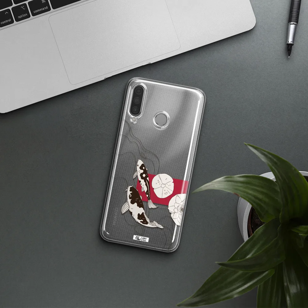 a black and white illustration of fish and flowers Huawei P30 Lite Clear TPU Case