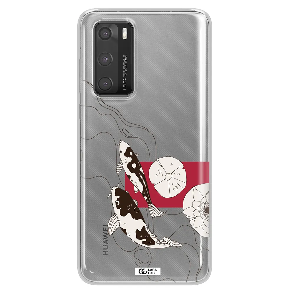 a black and white illustration of fish and flowers Huawei P40 Clear TPU Case