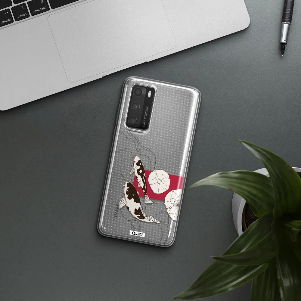 a black and white illustration of fish and flowers Huawei P40 Clear TPU Case