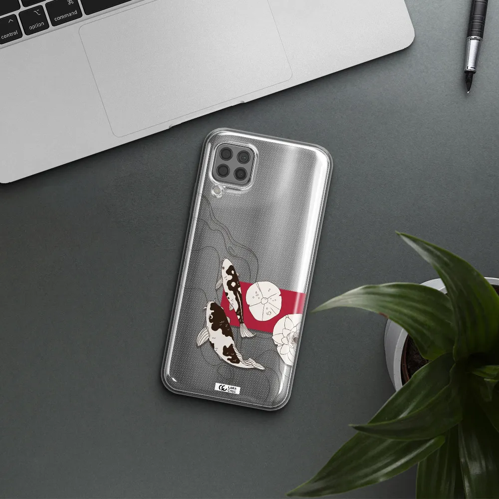 a black and white illustration of fish and flowers Huawei P40 Lite Clear TPU Case