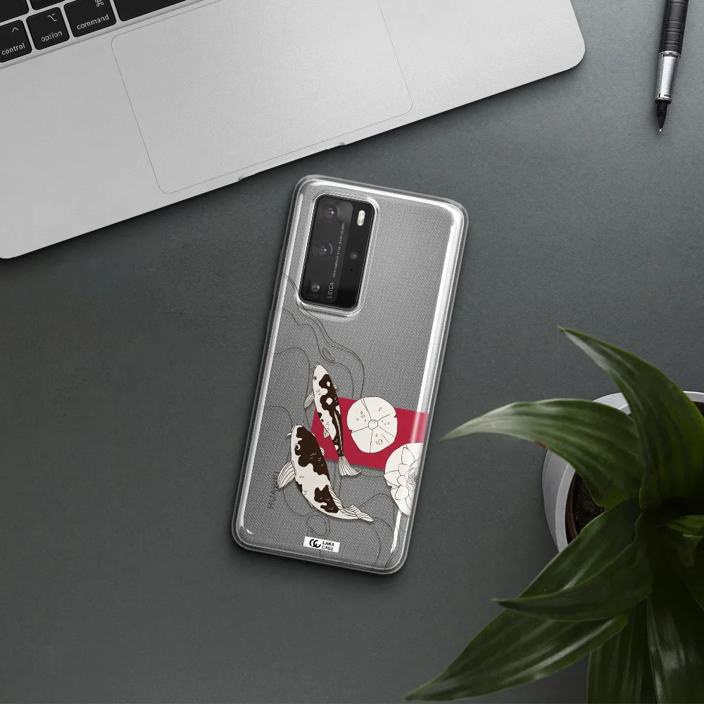 a black and white illustration of fish and flowers Huawei P40 Pro Clear TPU Case