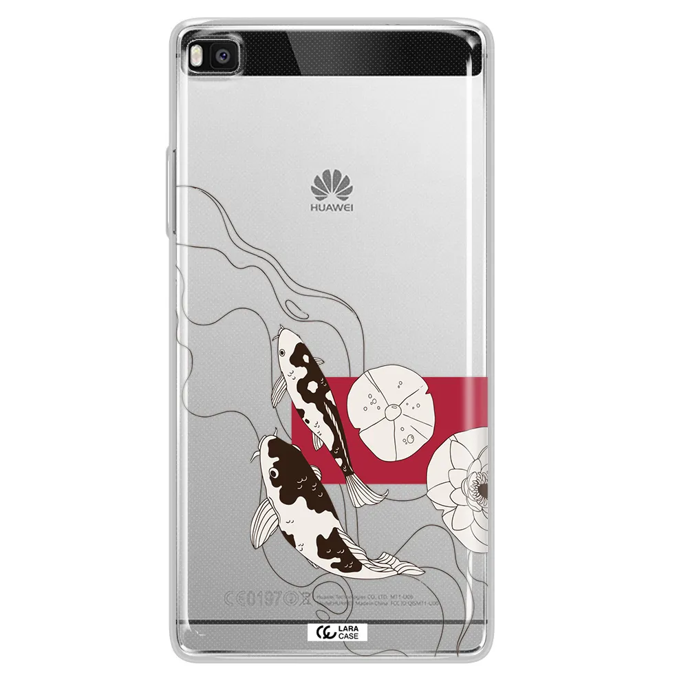 a black and white illustration of fish and flowers Huawei P8 Clear TPU Case