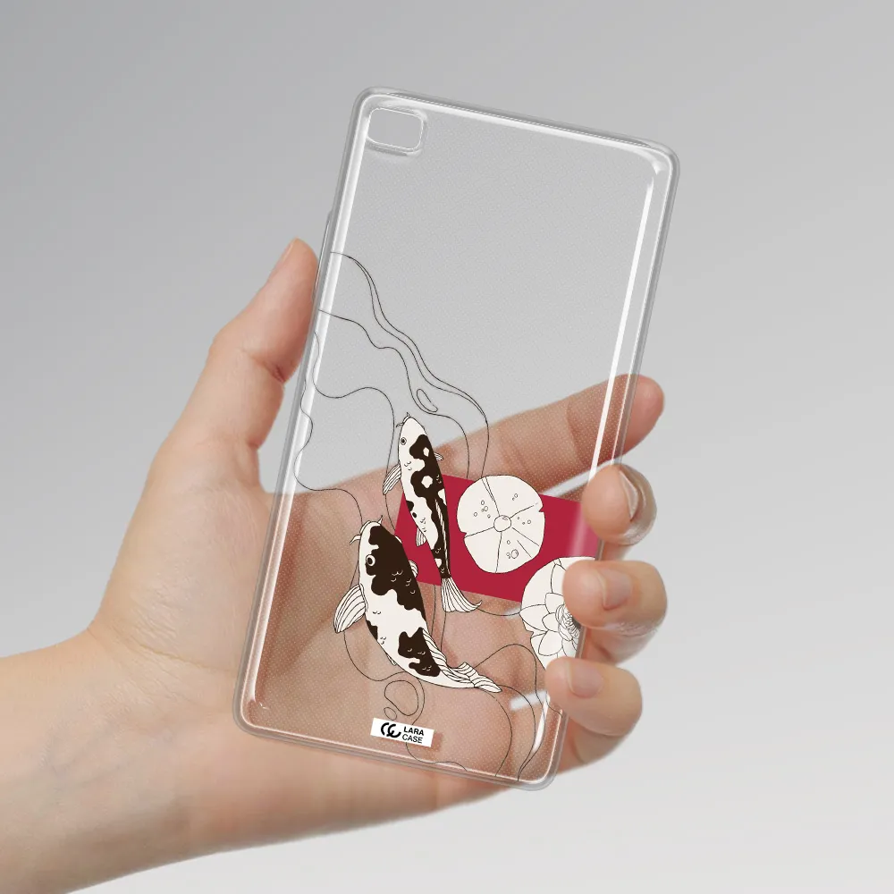 a black and white illustration of fish and flowers Huawei P8 Clear TPU Case