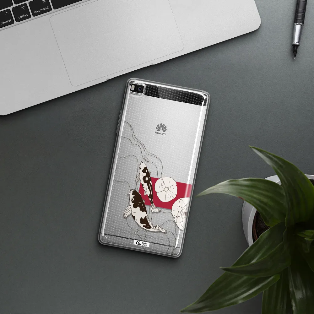 a black and white illustration of fish and flowers Huawei P8 Clear TPU Case