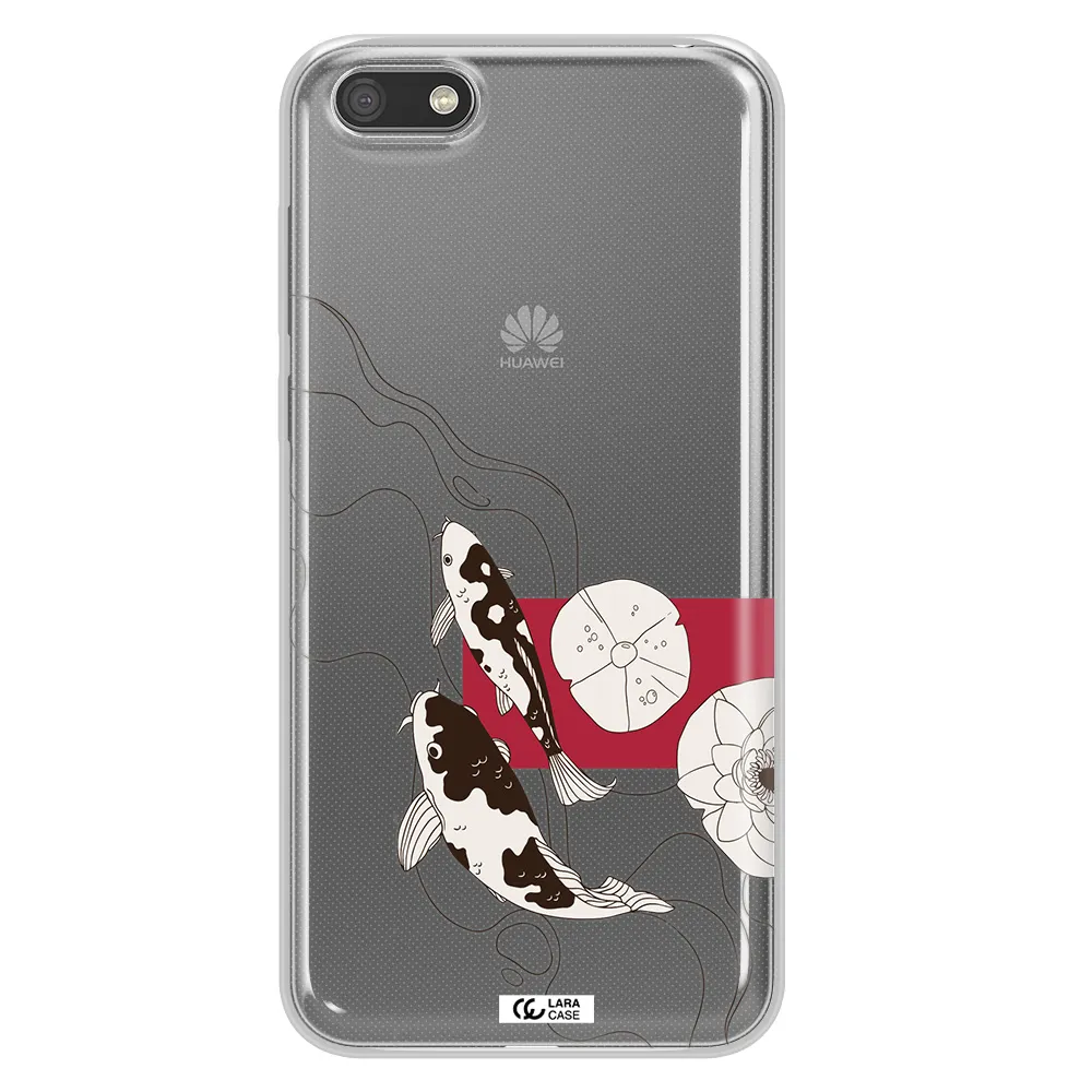 a black and white illustration of fish and flowers Huawei Y5 2018 Clear TPU Case