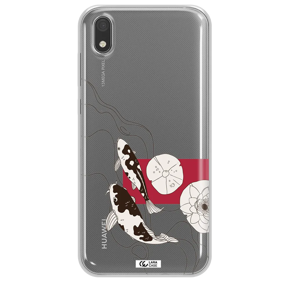 a black and white illustration of fish and flowers Huawei Y5 2019 Clear TPU Case