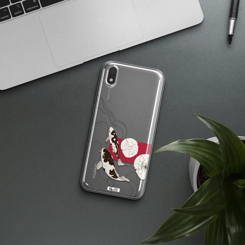 a black and white illustration of fish and flowers Huawei Y5 2019 Clear TPU Case