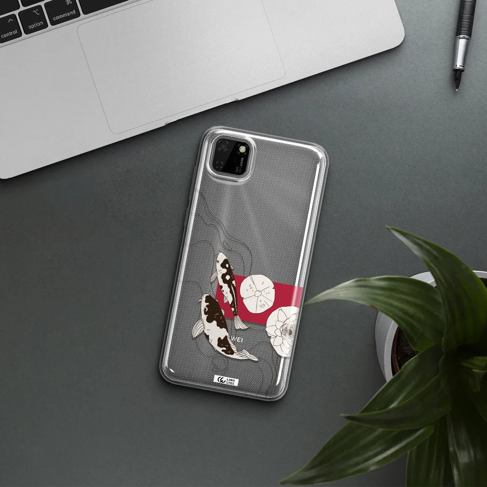 a black and white illustration of fish and flowers Huawei Y5P Clear TPU Case