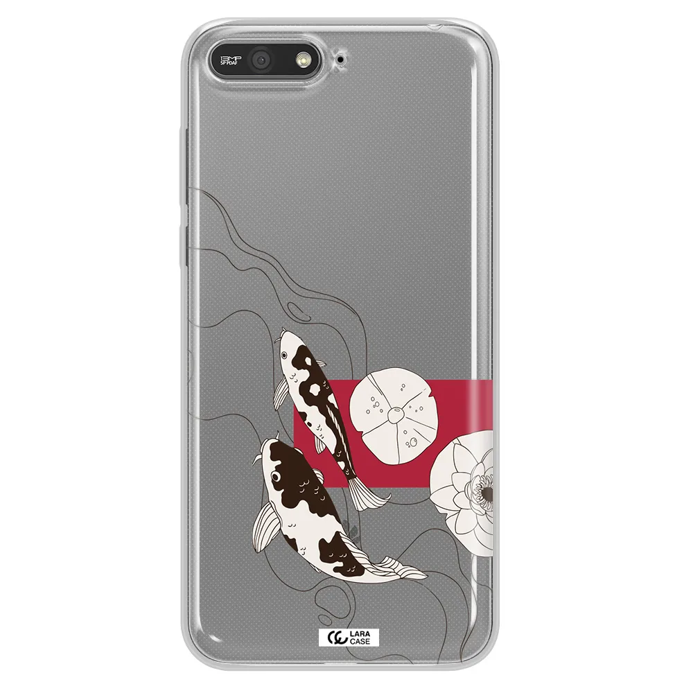 a black and white illustration of fish and flowers Huawei Y6 2018 Clear TPU Case