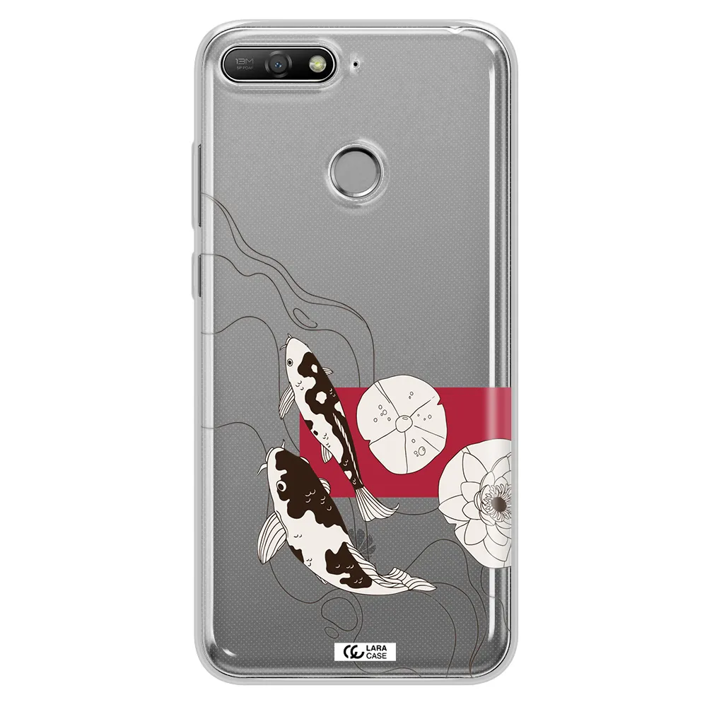 a black and white illustration of fish and flowers Huawei Y6 Prime 2018 Clear TPU Case