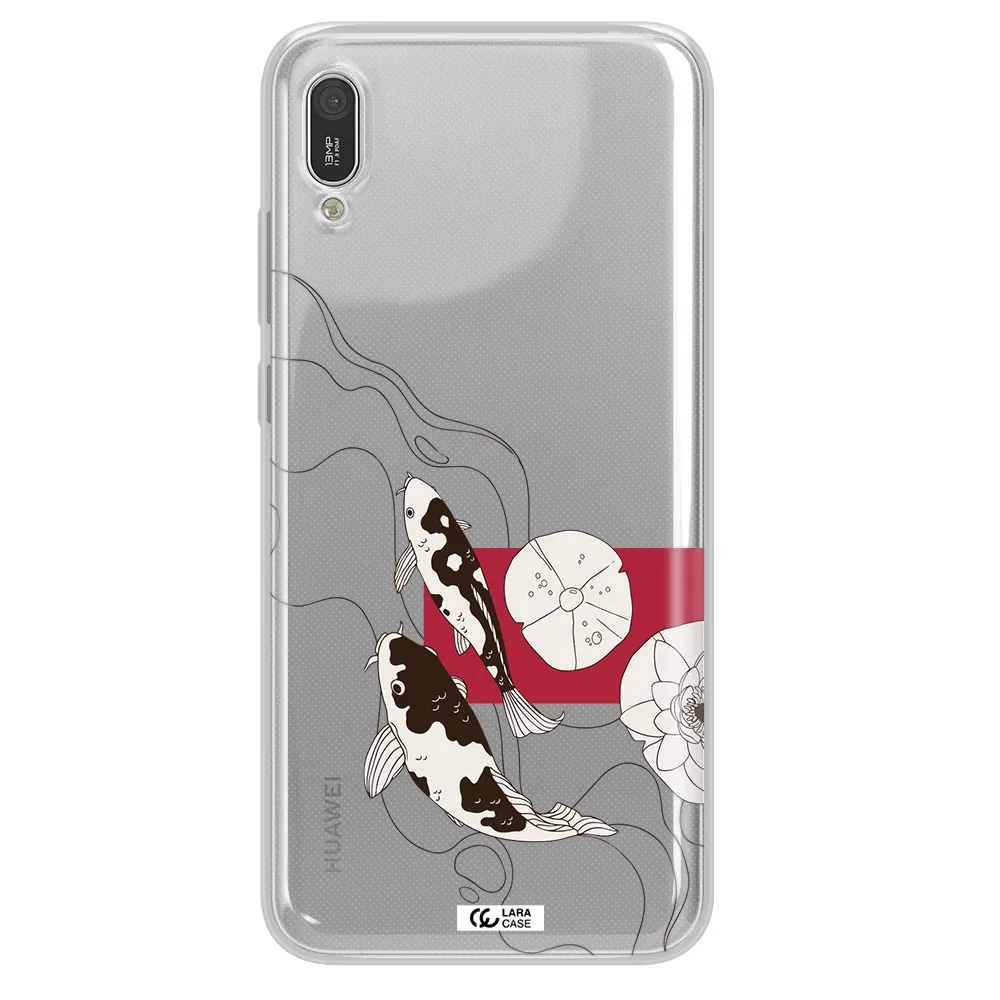 a black and white illustration of fish and flowers Huawei Y6 Pro 2019 Clear TPU Case