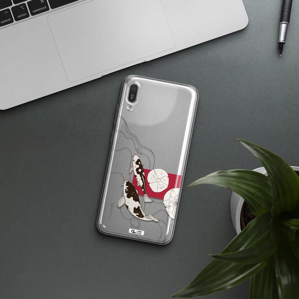 a black and white illustration of fish and flowers Huawei Y6 Pro 2019 Clear TPU Case