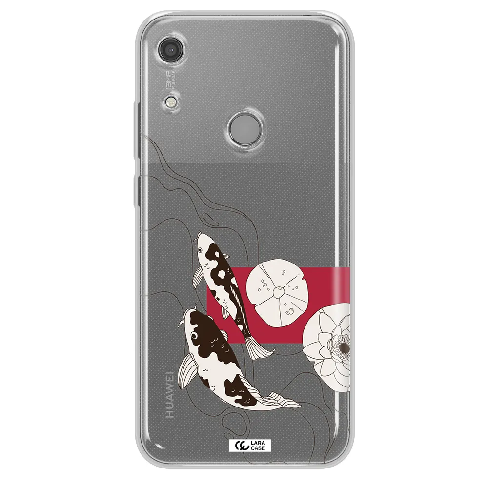 a black and white illustration of fish and flowers Huawei Y6S Clear TPU Case