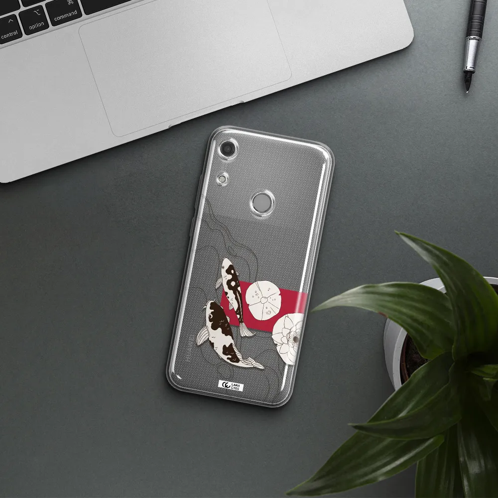 a black and white illustration of fish and flowers Huawei Y6S Clear TPU Case