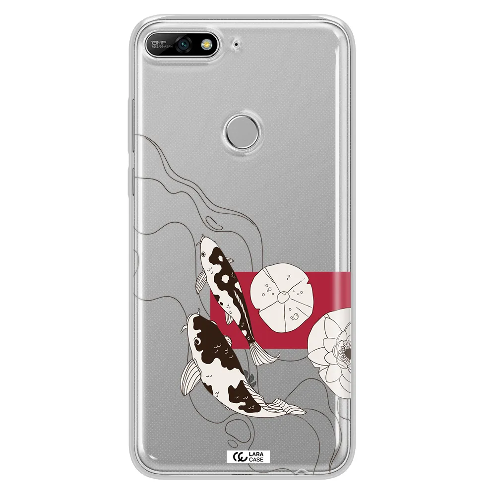 a black and white illustration of fish and flowers Huawei Y7 2018 Clear TPU Case