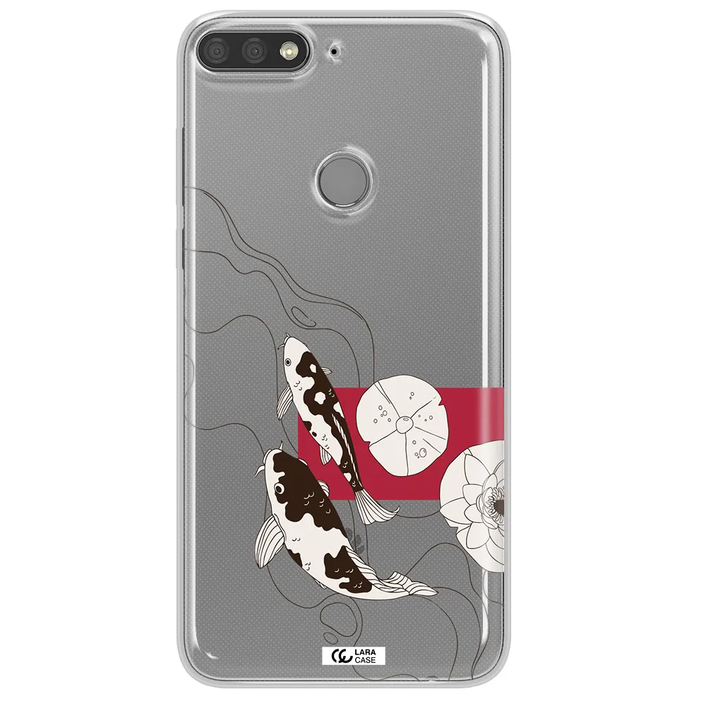 a black and white illustration of fish and flowers Huawei Y7 Prime 2018 Clear TPU Case