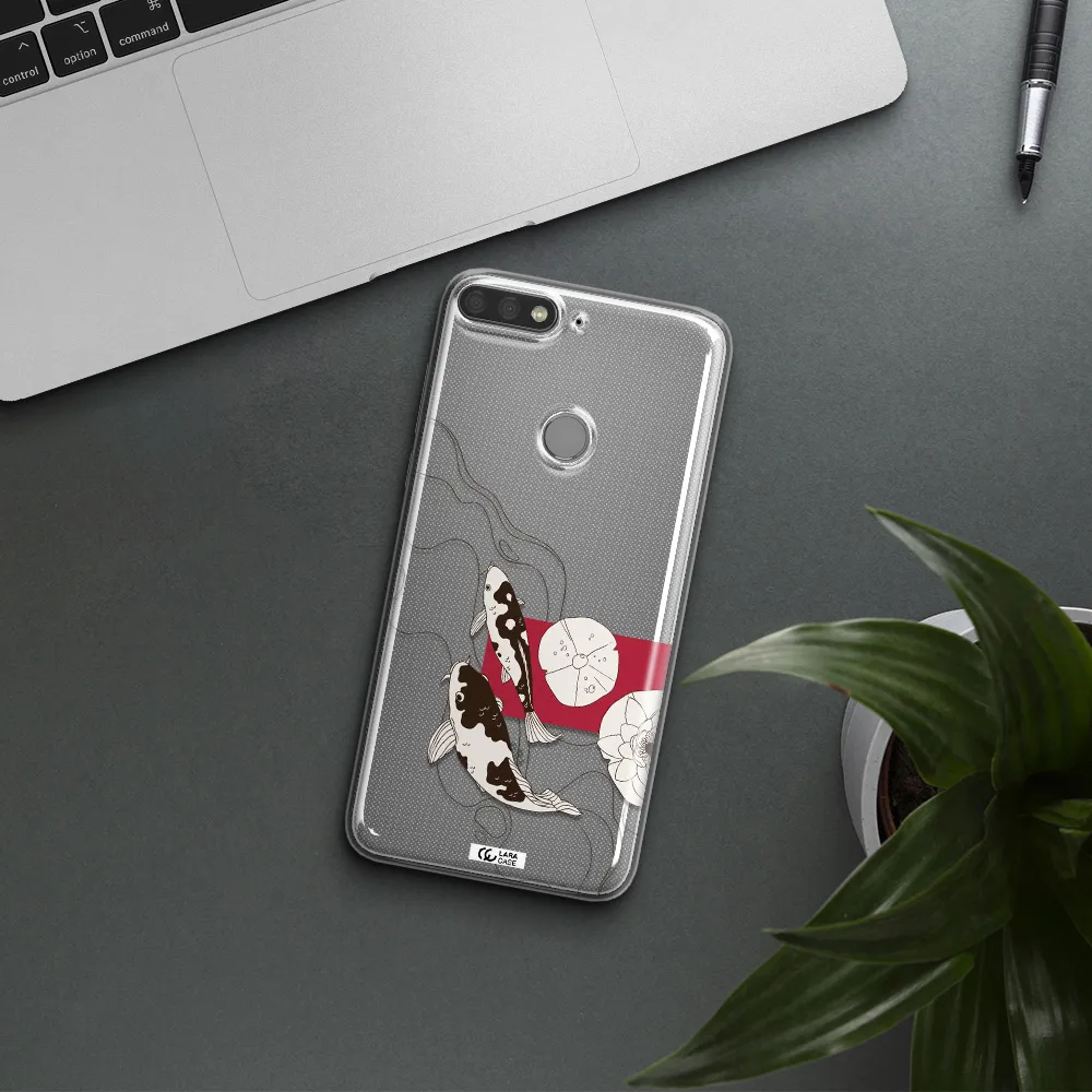 a black and white illustration of fish and flowers Huawei Y7 Prime 2018 Clear TPU Case