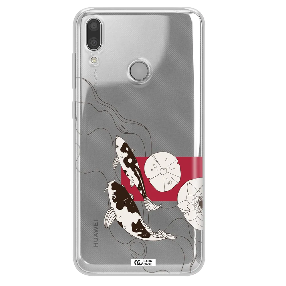 a black and white illustration of fish and flowers Huawei Y9 2019 Clear TPU Case