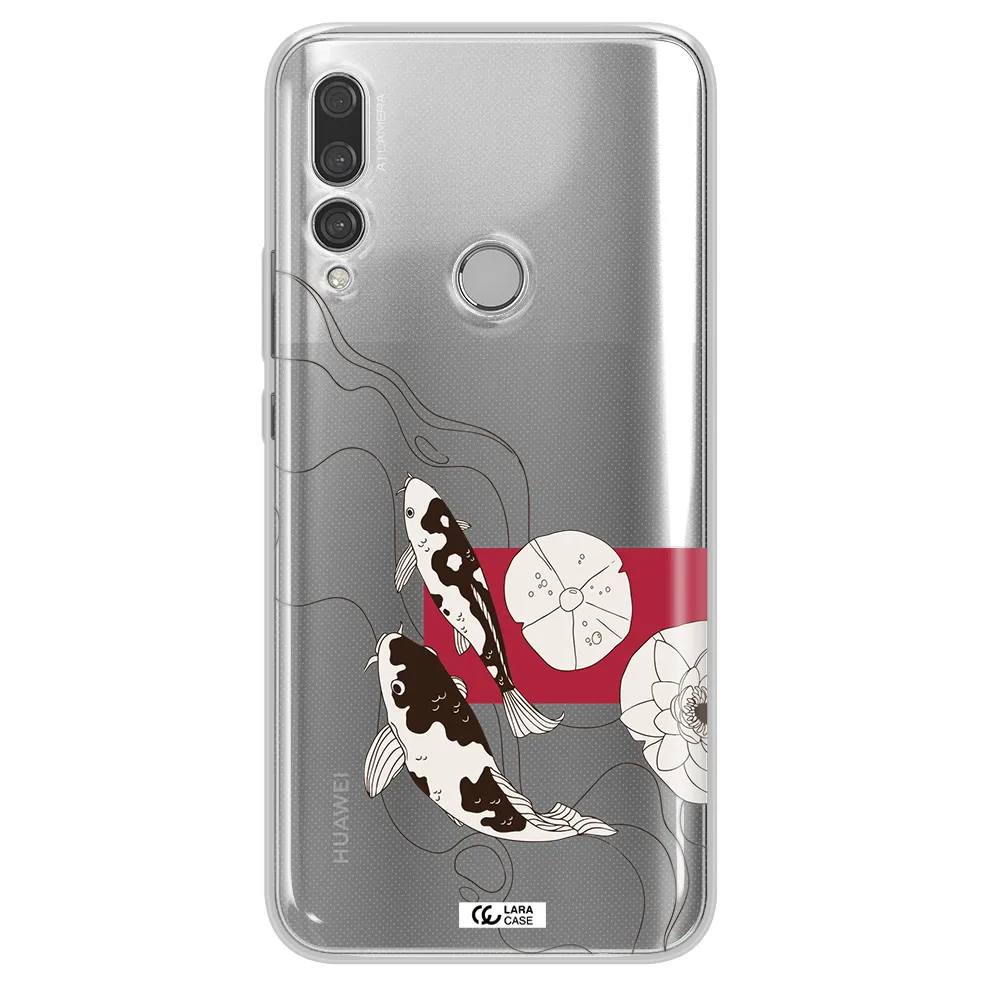 a black and white illustration of fish and flowers Huawei Y9 Prime 2019 Clear TPU Case