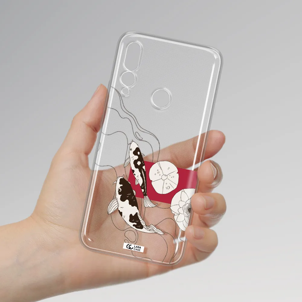 a black and white illustration of fish and flowers Huawei Y9 Prime 2019 Clear TPU Case